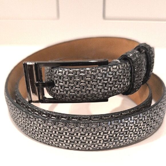 WCM New York Accessories - WCM New York Italian Calfskin Silver Textured Metallic Belt Gunmetal Buckle